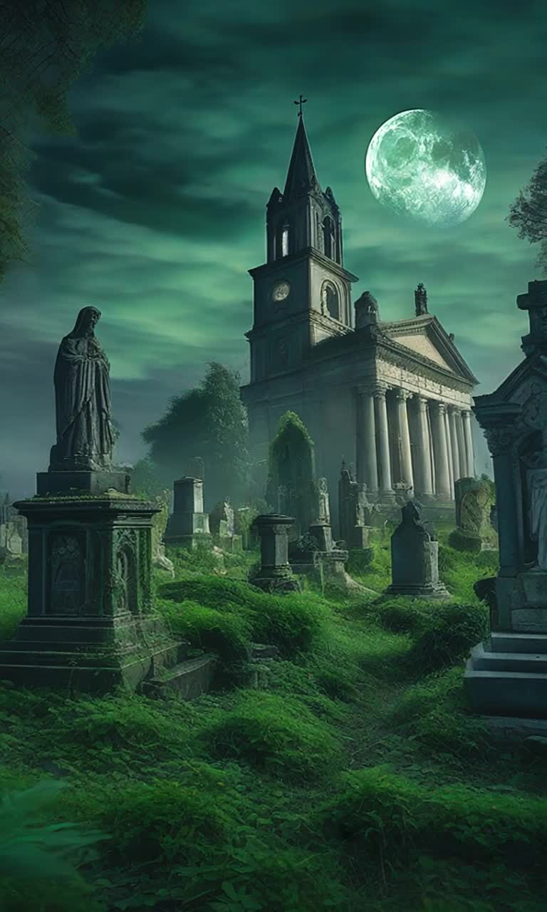 Ancient misty graveyard shrouded in thick green weeds crumbling marble statues taking animated steps under moonlit glow towering stone church with intricate carvings looming in the background mist swirling around intertwined roots beneath ancient trees sky bursting with dramatic clouds illuminated by radiant full moon shimmering with silver light 