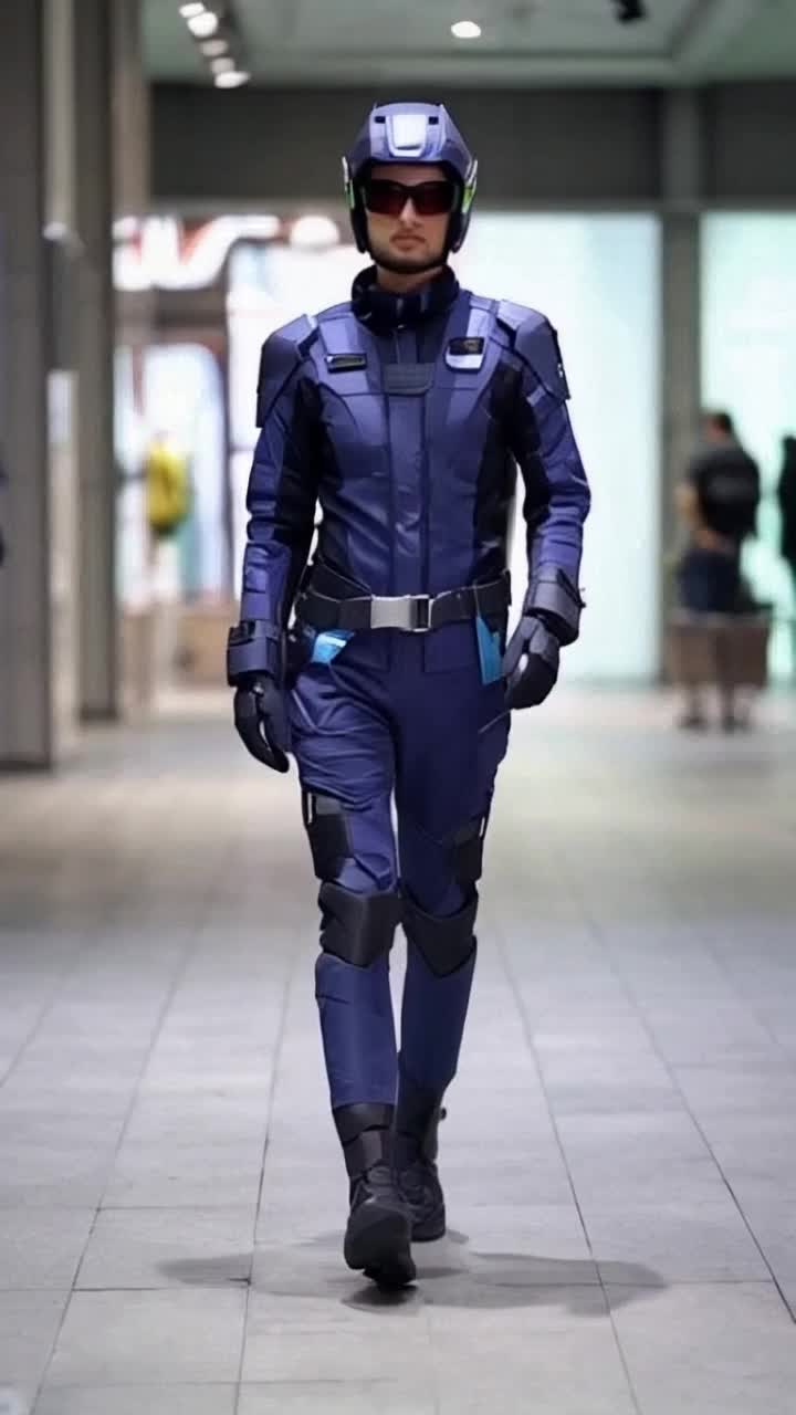 I need a person wearing a techwear costume kit from head to toe, walking and showcasing what he wears