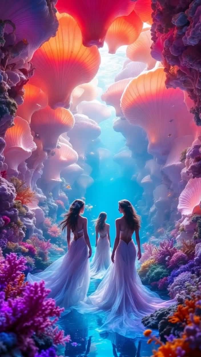 Mermaids in undersea palace of elaborate giant conch shells vibrantly colored, coral gardens, deep water ripples