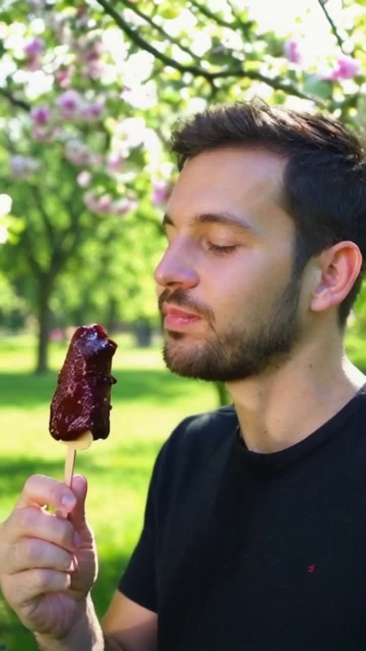 Javier Milei joyfully indulging in a vibrant strawberry ice cream topped with rich swirling chocolate syrup Delight radiating from his expression as he takes a big scoop Lush green park in the background filled with blooming flowers sunlight filtering through leaves creating a warm inviting atmosphere