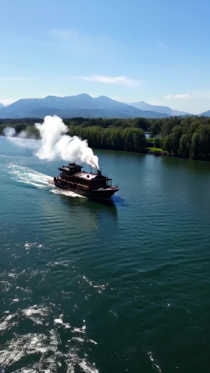 Majestic steamboat adorned with intricate carvings billowing white smoke gracefully gliding through shimmering river waters crystalclear reflections dancing in sunlight lush green banks lined with willow trees swaying gently in warm breeze distant mountains rising against a vibrant blue sky providing a picturesque backdrop tranquil atmosphere inviting the viewer to drift along on this serene journey
