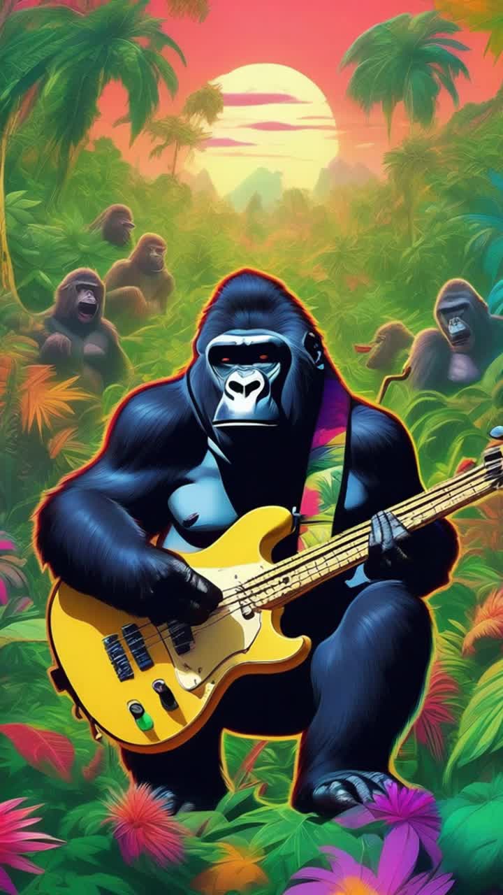 Gorilla wearing colorchanging bucket hat jamming on bass guitar with swagger surrounded by a lively troop of fellow gorillas peacefully smoking lush green buds vibrant jungle teeming with towering marijuana plants and tropical foliage glowing with vivid colors sunlight filtering through leaves creating an enchanting kaleidoscope of hues playing a soft lofi rhythm that resonates through the lush scenery adding a serene yet energetic vibe to the atmosphere bright flowers blooming around adding splashes of color to this tranquil celebration of nature and music