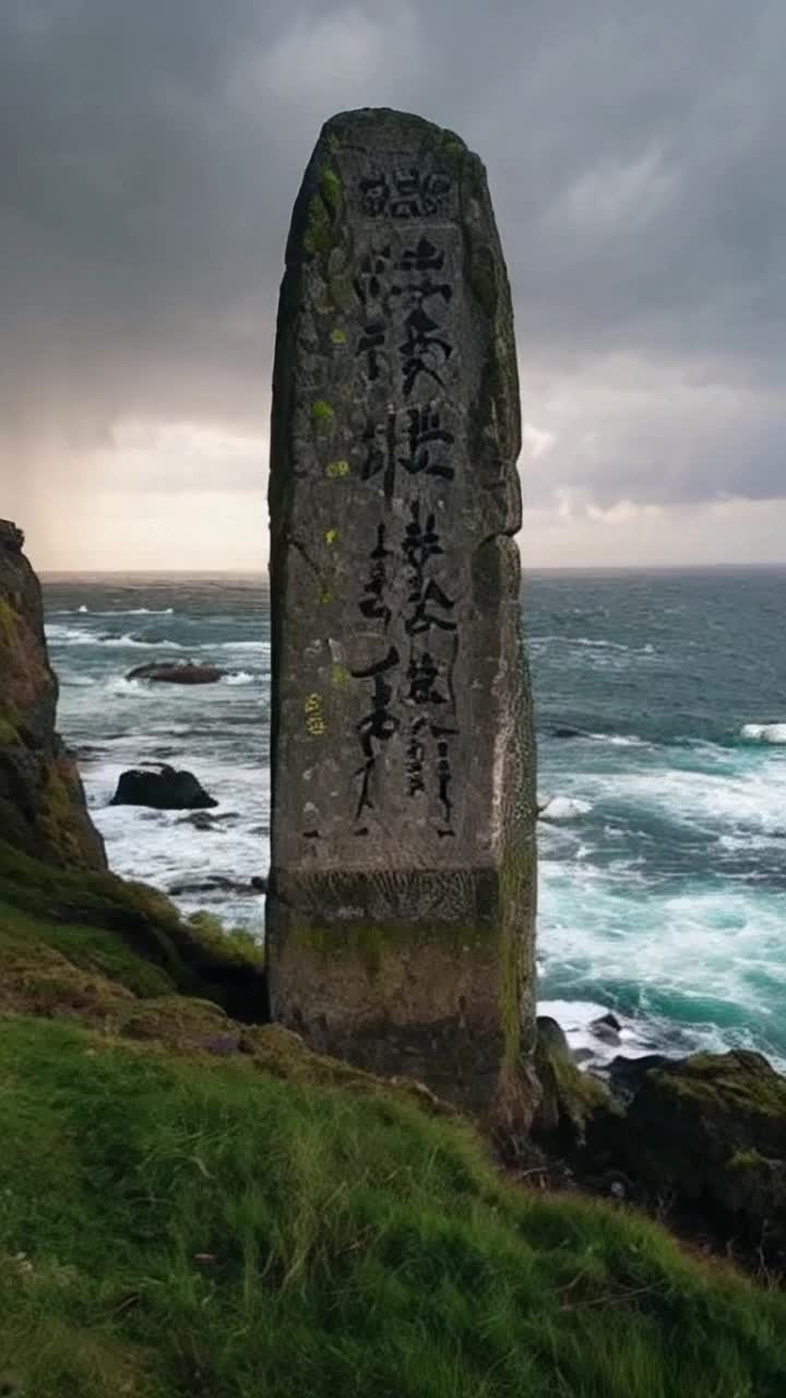 Immense ancient monolith draped in vibrant moss green and gray tones intricately carved with mysterious black symbols standing tall and proud  Majestically towers over the cliffs seeming to whisper secrets to the wind as waves crash violently below  Surrounded by lush bright green grass swaying gently in the breeze with the tumultuous boiling sea churning dramatically in the background under a stormy sky
