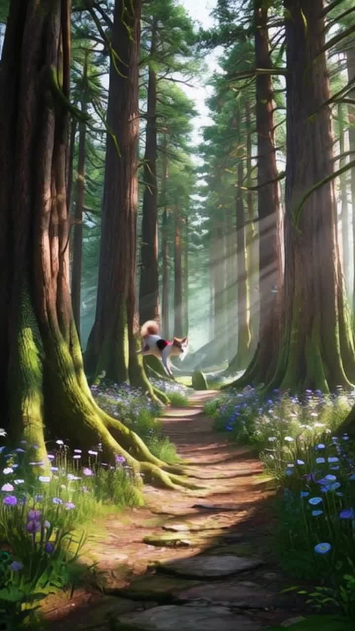 Whimsical feline with vibrant calico fur soars gracefully through enchanted forest of towering ancient trees soft dappled sunlight filtering through lush green canopy glimmering like scattered jewels ground carpeted with vibrant wildflowers butterflies flitting about chirping birds providing a melodious soundtrack magical breeze tousling fur as cat glides effortlessly weaving between branches inviting curiosity and wonder in this surreal escape
