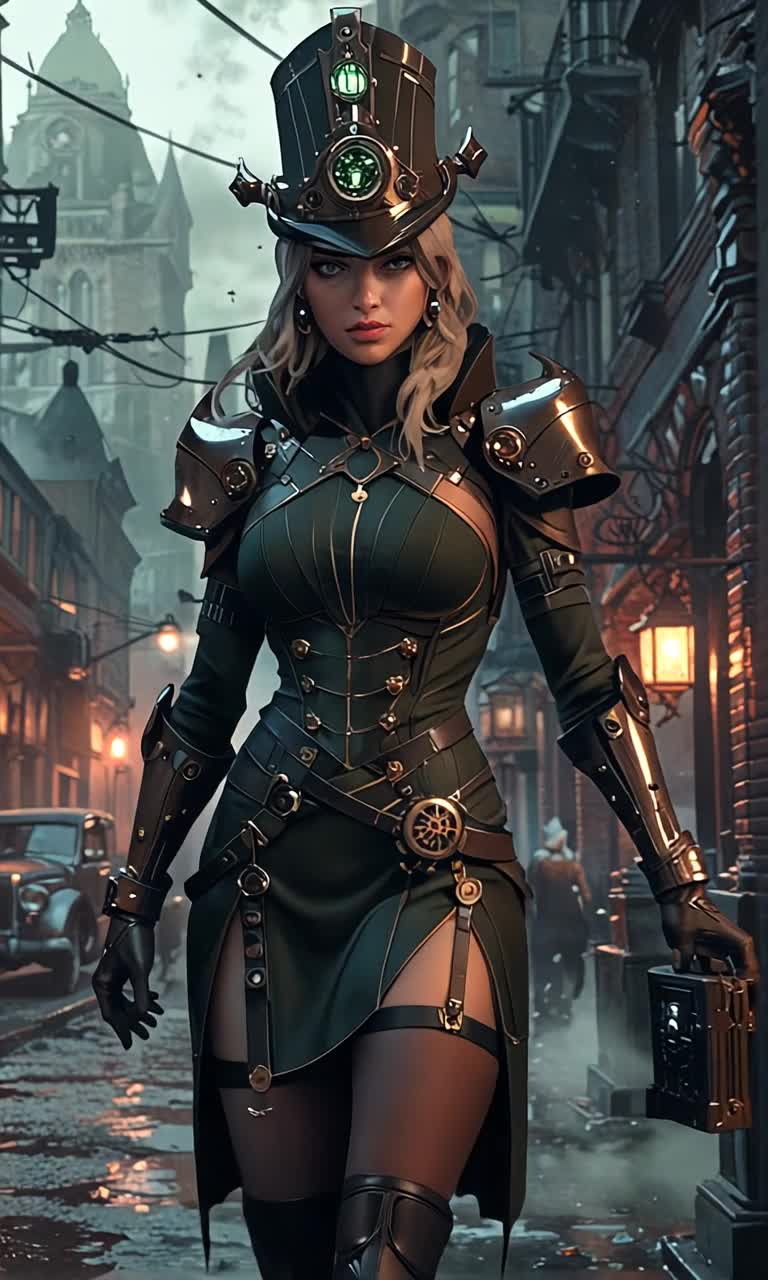 Confident woman cloaked in shadowy attire radiating fierce determination strides boldly toward viewer gripping sleek firearm with unwavering resolve preparing to unleash her brand of justice Dimly lit urban alleyway enveloped in swirling mist flickering neon lights casting eerie reflections on glistening wet pavement whispers of danger lurking in shadows ready to pounce as tension hangs thick in air