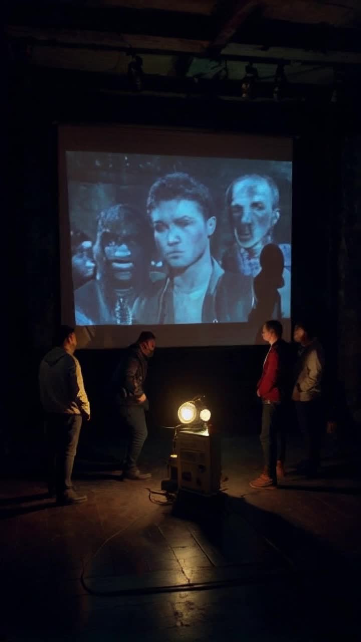 Intrigued characters huddle closely around an ancient dusty projector curious expressions glowing in flickering light Shadows shimmer and dance illuminating their faces Fragmentary images of masked figures and cryptic symbols pulse on the screen Gasps echo as an invisible force compels them to unravel the riddle Hearts pound in rhythm with a haunting soundtrack Outside a sudden deafening roar erupts sending characters into a frenzy They leap to their feet eyes wide in terror and determination poised to face whatever ominous presence looms behind the door Dimly lit room filled with swirling shadows echoes of suspense heavy in the air