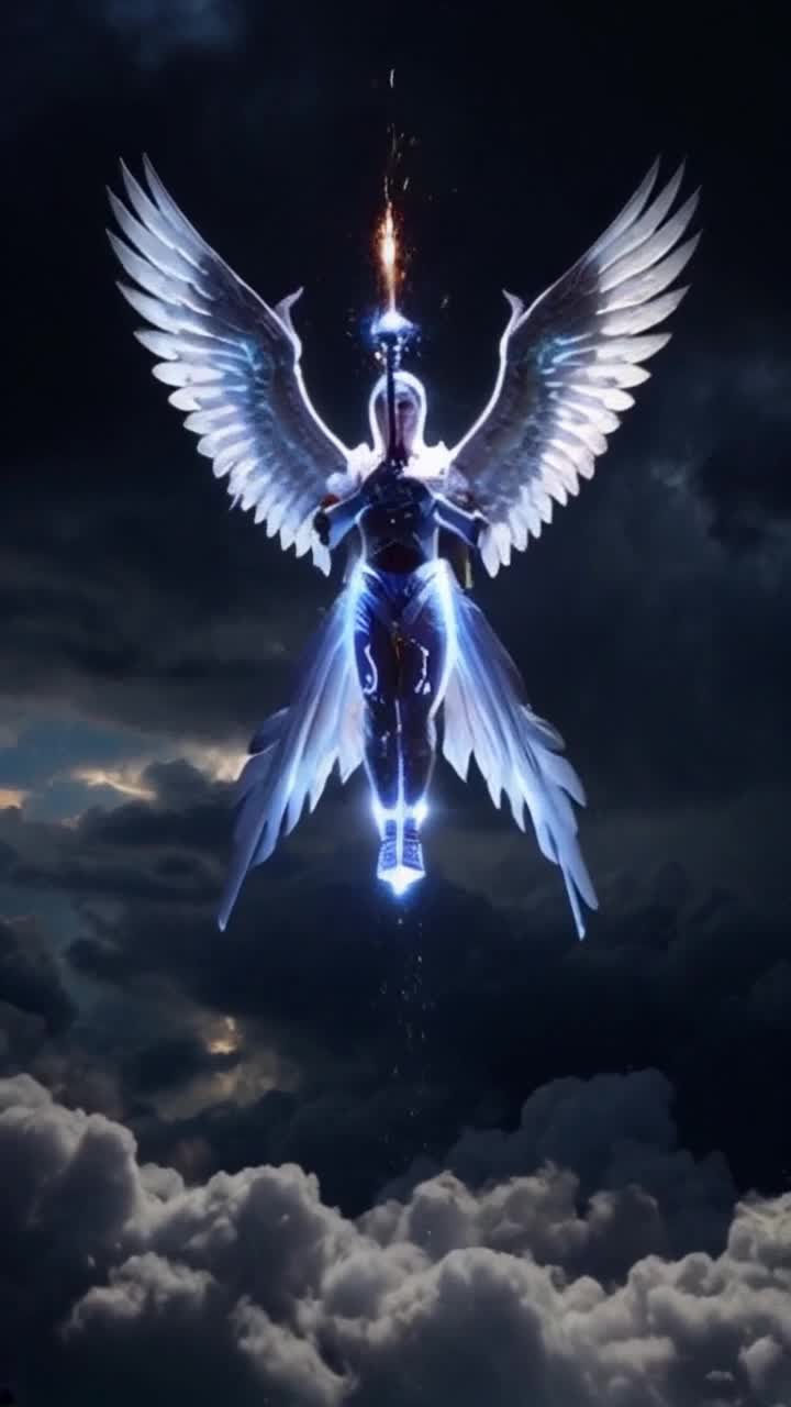 Radiant angel bathed in ethereal light wielding a divine weapon Sparks of electric fury crackling from weapon creating shockwaves that ripple through storm clouds Sacred symbols glowing brightly illuminating darkness swirling with chaotic energy