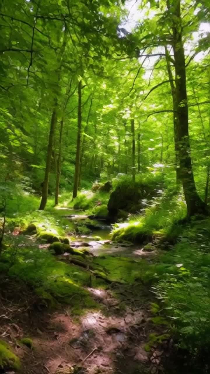 Ethereal forest glade illuminated by dappled sunlight sparkling through lush emerald leaves Whispering breeze carries scents of fresh earth and blooming wildflowers Enchanted woodland creatures peek from behind ancient trees softly frolicking among vibrant ferns as gentle streams meander through vibrant moss 
