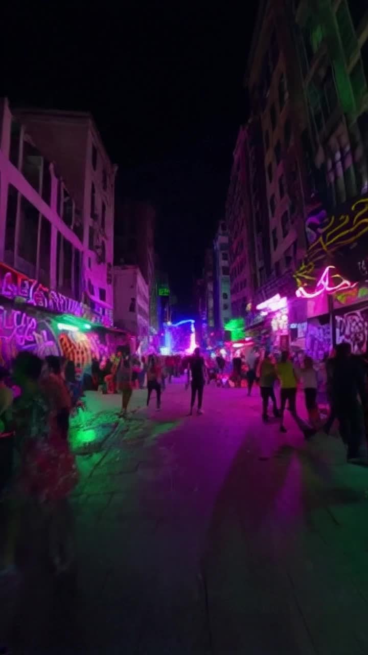 Dynamic firstperson perspective zooming through vibrant city slum bustling with life chaotic graffiti splashed walls colorful street art flashing by electric energy pulsating forward zigzagging through narrow alleys crashing into a lively underground rave party vivid neon lights swirling around excited dancers silhouetted against rhythmic strobe effects pulsating beats echoing in the air smoke machines fogging the scene lively atmosphere filled with laughter and movement