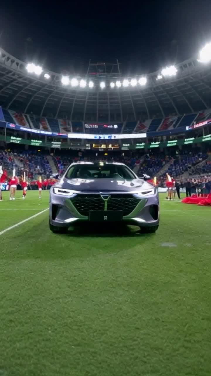 Sleek futuristic nexus car gleaming under stadium lights vibrant cheerleaders in vivid uniforms performing synchronized routines crowd roaring with excitement colorful banners waving above illuminated scoreboard flashing scores in background energetic ambiance electric atmosphere filling the air audio of horns and cheers echoing throughout vibrant field below where bright green turf glistens