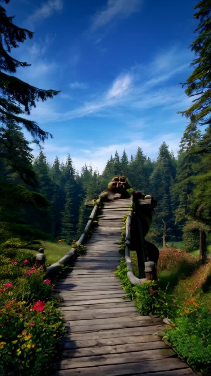 Footbridge in magical forest, TROLL blocking access bridge while laughing at people who want to cross