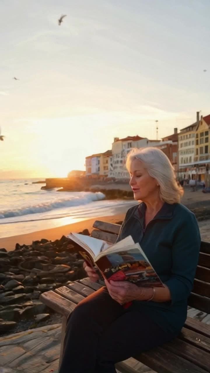 Retired travel journalist with silver hair sitting on a weathered wooden bench flipping open her colorful memoirs bursting with vivid photographs igniting emotions among curious townsfolk gathering around her Radiant sunset casting golden hues over charming coastal buildings waves gently lapping at the shore seagulls soaring in the sky aromatic scent of saltwater in the air as laughter and stories intertwine creating a lively atmosphere