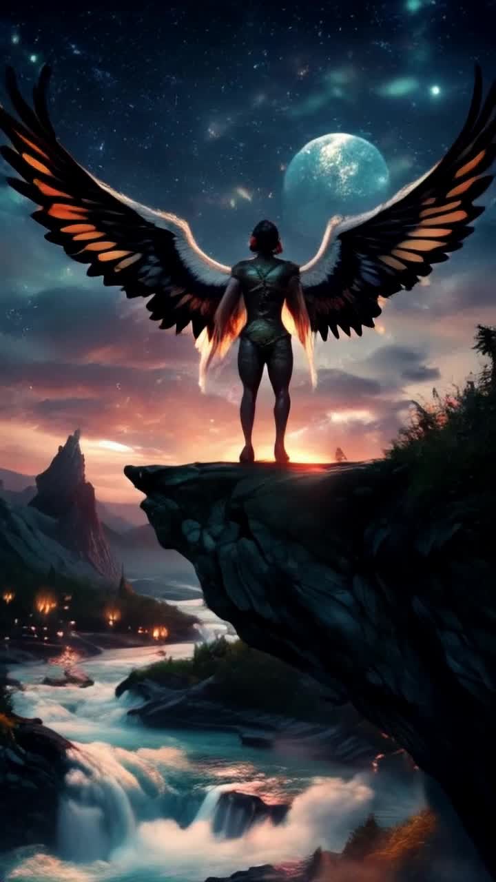 Celestial beings drift amidst ethereal twilight, Titus poised on a rocky precipice He gazes down, heart heavy with unspoken choices, as whispers of angels swirl around him Shimmering stars blink like memories, illuminating a world below, vibrant yet frail Wings of gold and ebony unfurl, catching twilights glow as he prepares to descend Heartbeats echo across tranquil rivers, where life thrives despite chaos Flickering candles dance in a cozy cabin, casting shadows on soft wooden walls Creatures of wonder await, and laughter mingles with the night, as hope flickers like a lantern in darkness, guiding lost souls back to light