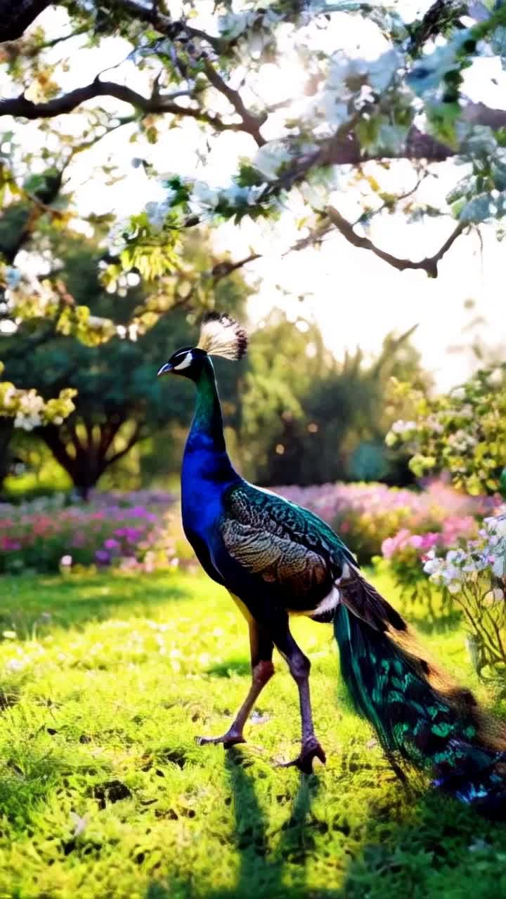 Majestic peacock strutting proudly revealing magnificent radiant plumage showcasing vibrant hues of blue green gold Tail feathers shimmer elegantly under brilliant sunlight each eyelike pattern dances capturing mesmerized onlookers Lush garden alive with blooming flowers swaying gently in soft breeze leaves rustling creating a tranquil enchanting atmosphere Golden rays filtering through blossoming tree branches casting playful shadows over vibrant petals adding depth to this captivating scene
