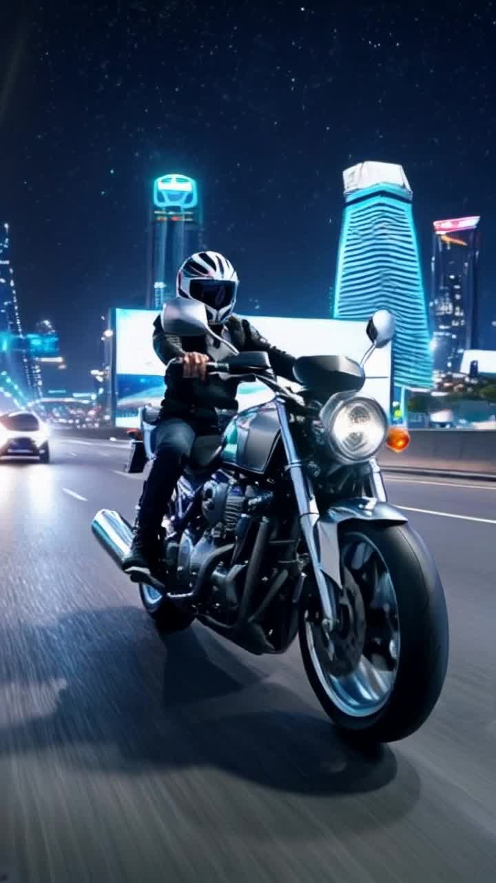 Futuristic motorcycle gleaming chrome surfaces sleek aerodynamic design pulsating neon accents two riders in cuttingedge helmets gripping handlebars with determination Accelerating down a shimmering highway lined with towering skyscrapers floating vehicle traffic above vibrant holographic billboards illuminating night sky as distant stars twinkle in cosmic backdrop evoking a sense of adventure and possibility