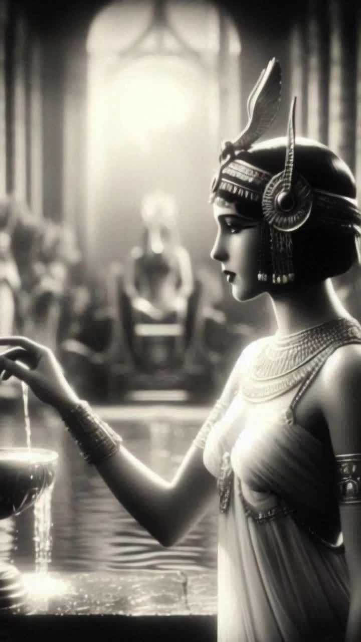woman is walking around in a Egyptian Museum she turns and looks at all the wonders 