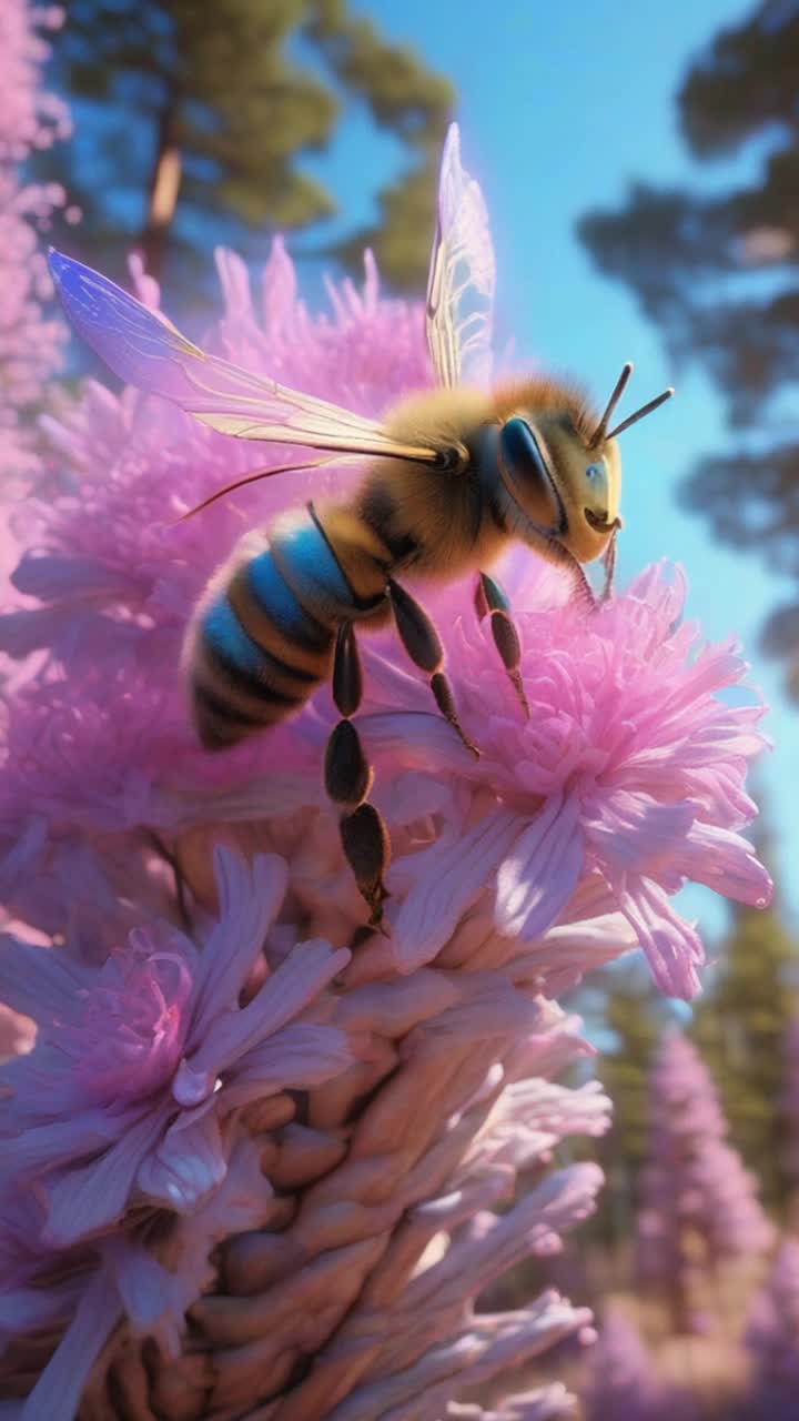 Swarm of hundreds of dazzling honey bees buzzing energetically around a majestic vibrant blue dragon flapping its enormous iridescent wings in the heart of a whimsical pink pine forest surrounded by towering trees with soft pastelcolored trunks and fragrant blossoms swaying gently in a warm breeze while sunlight filters through the canopy casting enchanting patterns on the forest floor filled with lush green moss and delicate wildflowers as the dragon lets out playful roars attempting to swat away the persistent bees creating a lively and magical atmosphere