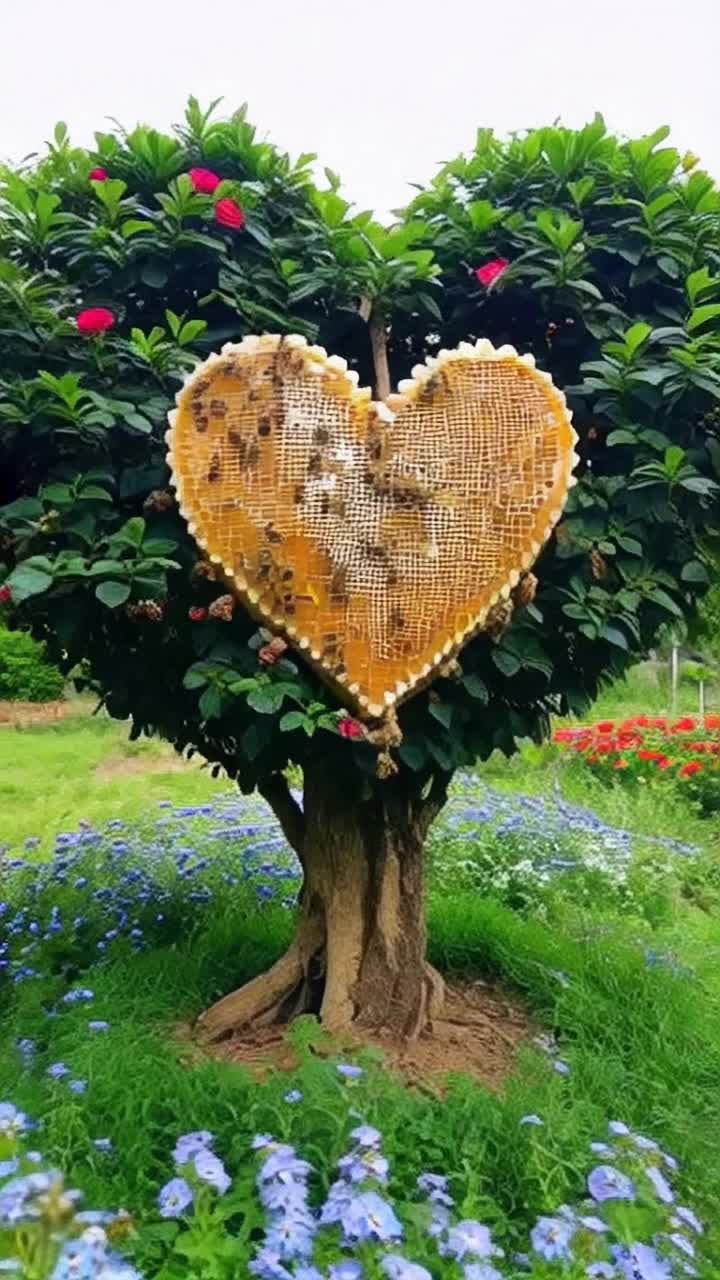 Bees buzzing around a beautiful perfect honeycomb thats hanging from a heart shaped tree in a beautiful elegant garden with vibrant bright flowers 