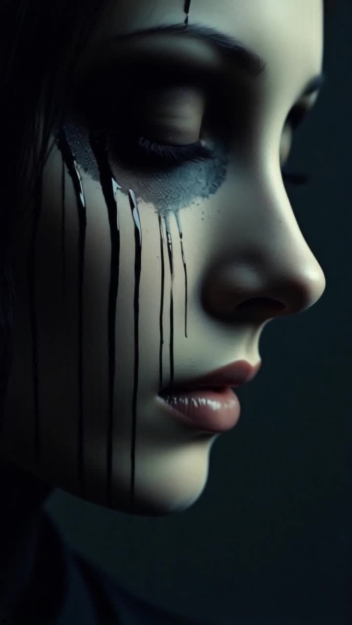 talking, thinking, screaming, laughing, crying, she needs therapy, but she is alone and stubborn, black mascara runs excessively down her sad face
