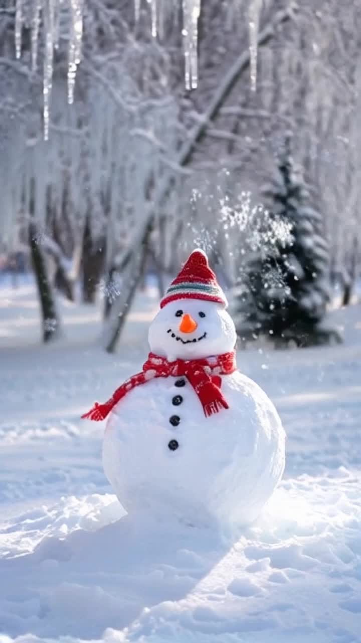 Colorful snowman adorned with scarves and hats radiating joy  Dancers twirling gracefully around snowman kicking up sparkling snowflakes  Winter wonderland adorned with glistening ice trees and soft falling snow  