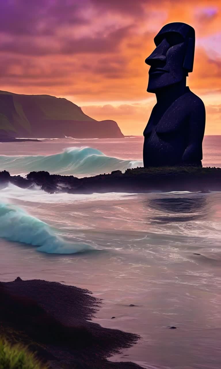 Giant moai statue towering majestically over the landscape shimmering in hues of fiery orange and soft purple sky gliding gracefully away from the colossal figure revealing expansive ocean waves crashing against rugged cliffs vibrant vegetation swaying gently in the breeze distant silhouettes of craggy hills providing a dramatic backdrop fading into twilight serenity enveloping the scene