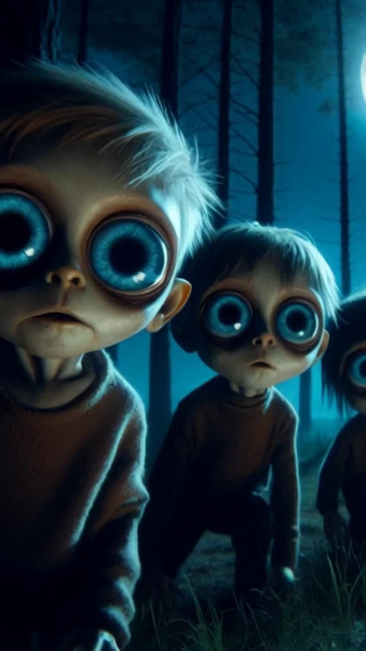 Really weird little kids with huge eyes running around in the woods at night frantically freaking out