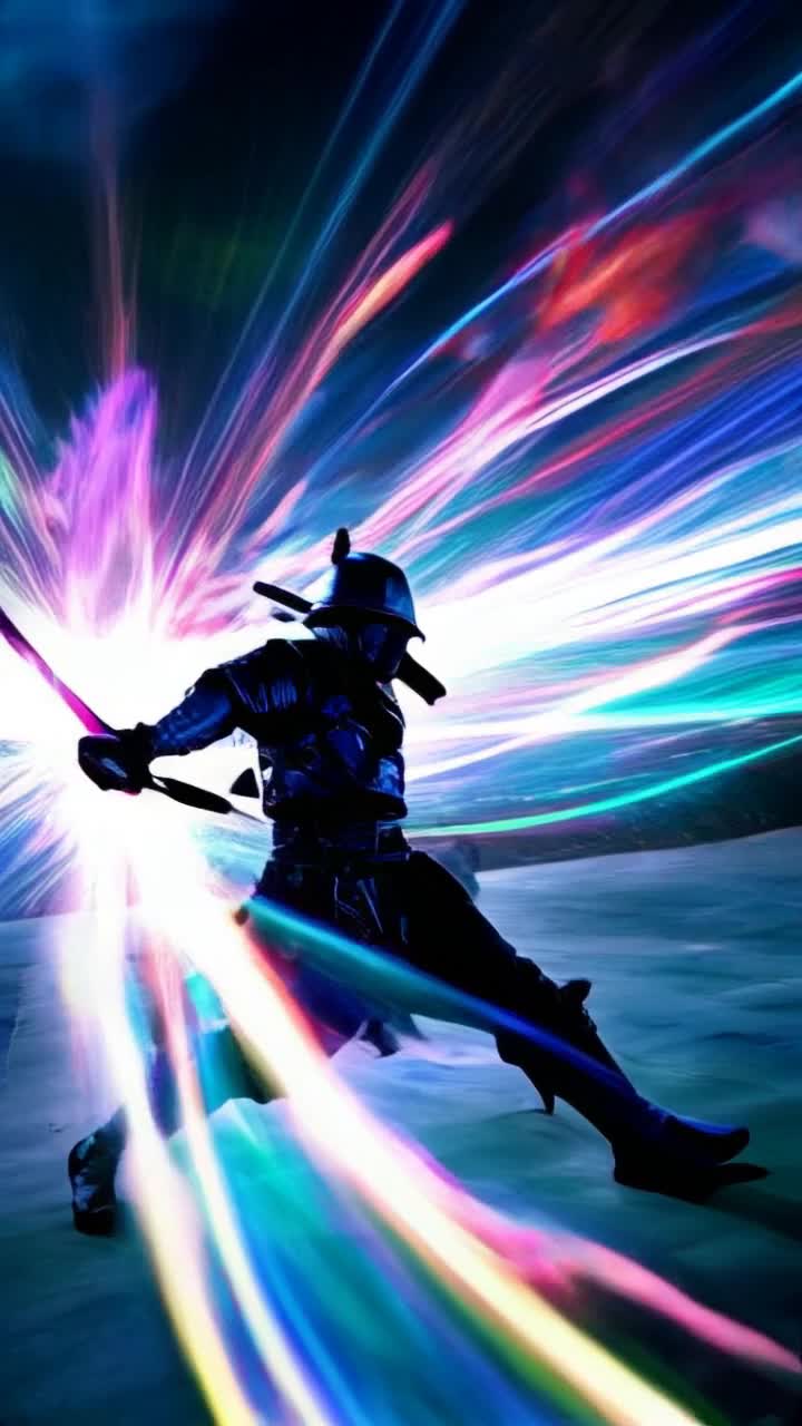 Samurai slashing violently with Samurai sword, Extreme action, psychedelic light trails following movements, colorful, rapid motion 