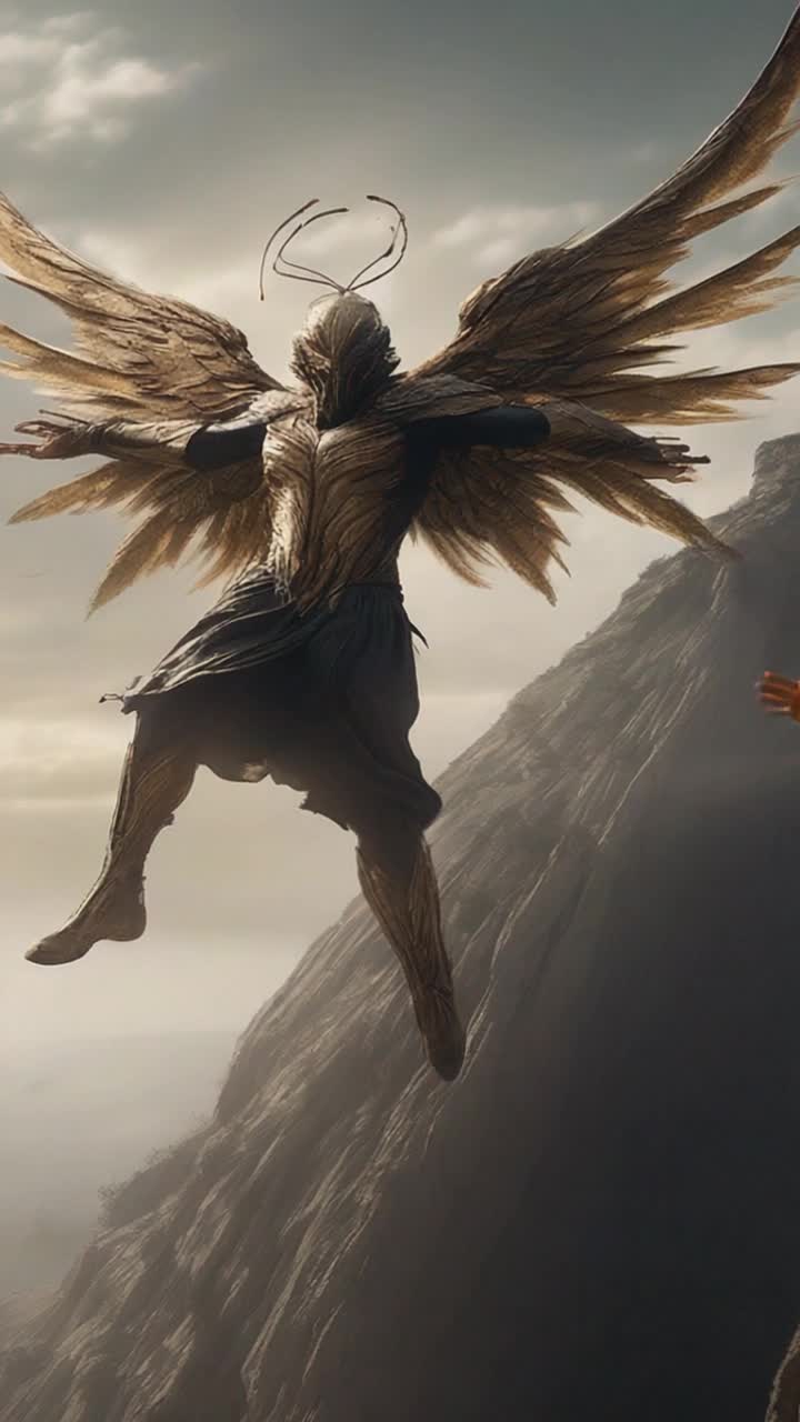 Unable to stop him, the seraphim glides through the air, desperately reaching for the man as he leaps off the cliff Cricket darts along the edge, frantically shouting warnings, but the wind consumes his voice in an instant With a heartpounding thud, the man plunges into the churning abyss below, leaving the seraphim and Cricket frozen in horror