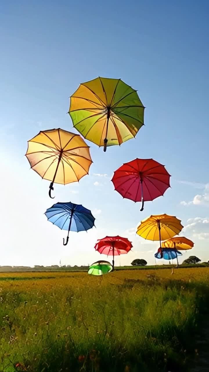 DffffdThree vibrant, colorful umbrellas twirling swiftly in unison Magnificent gusts of wind lifting them high into the blue sky Lush green field dotted with wildflowers swaying gently under a bright sun