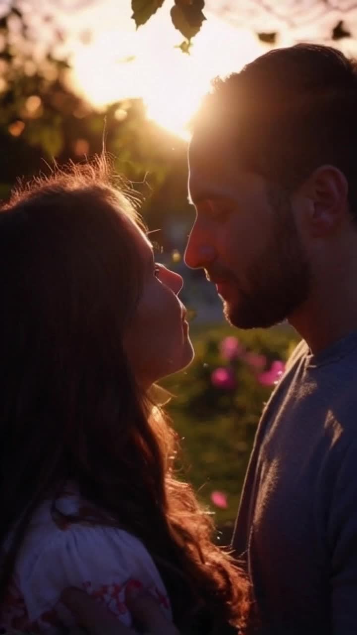 Gentle man gazing deeply into enchanting womans eyes, emotions flowing between them, twilight glow enveloping intimate scene, delicate breeze rustling nearby leaves, soft whispers of nature harmonizing with their connection, warm sunlight casting golden hues on their faces, distant silhouettes of an ethereal garden creating a romantic backdrop, shimmering petals dancing in the air, time standing still in this serene moment of tenderness