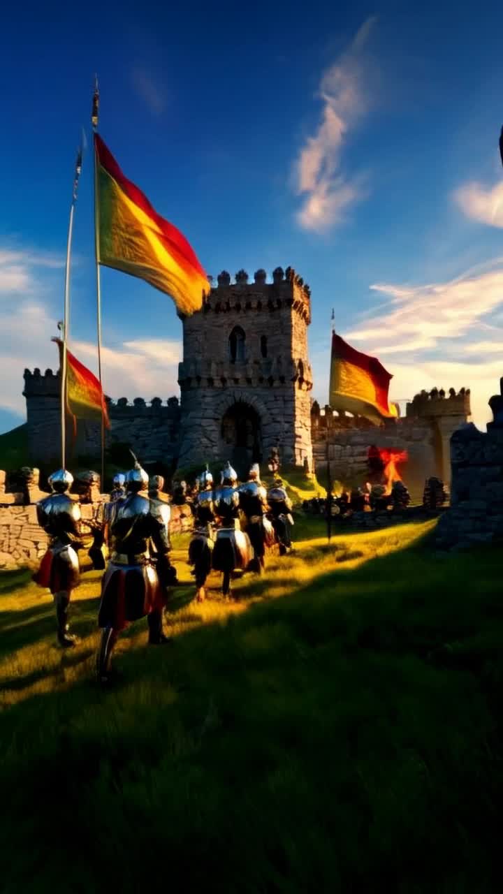 Gallant knights in radiant armor stride purposefully swords aloft fierce determination igniting their gaze steadfast protectors of a grand stone fortress rising beautifully against lush rolling hills drenched in warm golden sunlight vibrant banners fluttering energetically in the wind wispy clouds wandering slowly across a brilliant blue sky wrapping the scene in an aura of suspense golden beams of sunlight sinking low creating dramatic shadows on ancient stone walls whispering legends of valor stirring an electric atmosphere among watchful guardians poised for honor