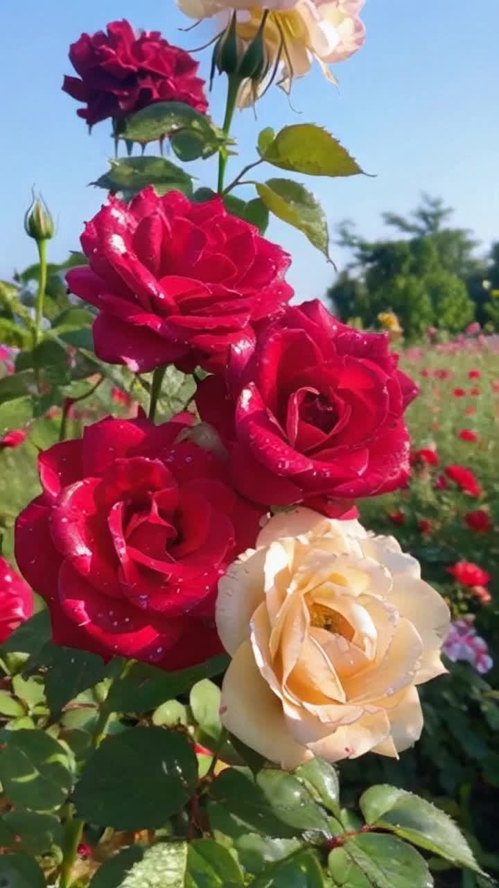 Crimson and alabaster roses intertwined on a vibrant green vine glistening with dew droplets Blooms sway gently in the warm breeze releasing sweet fragrances into the air Sunlight filters through lush foliage casting dappled shadows on the petals A honeybee buzzes playfully, hopping between blossoms in search of nectar In the background, a serene garden filled with colorful wildflowers and lush trees sways lightly under the blue sky Butterflies flit gracefully, adding bursts of color to the enchanting scene