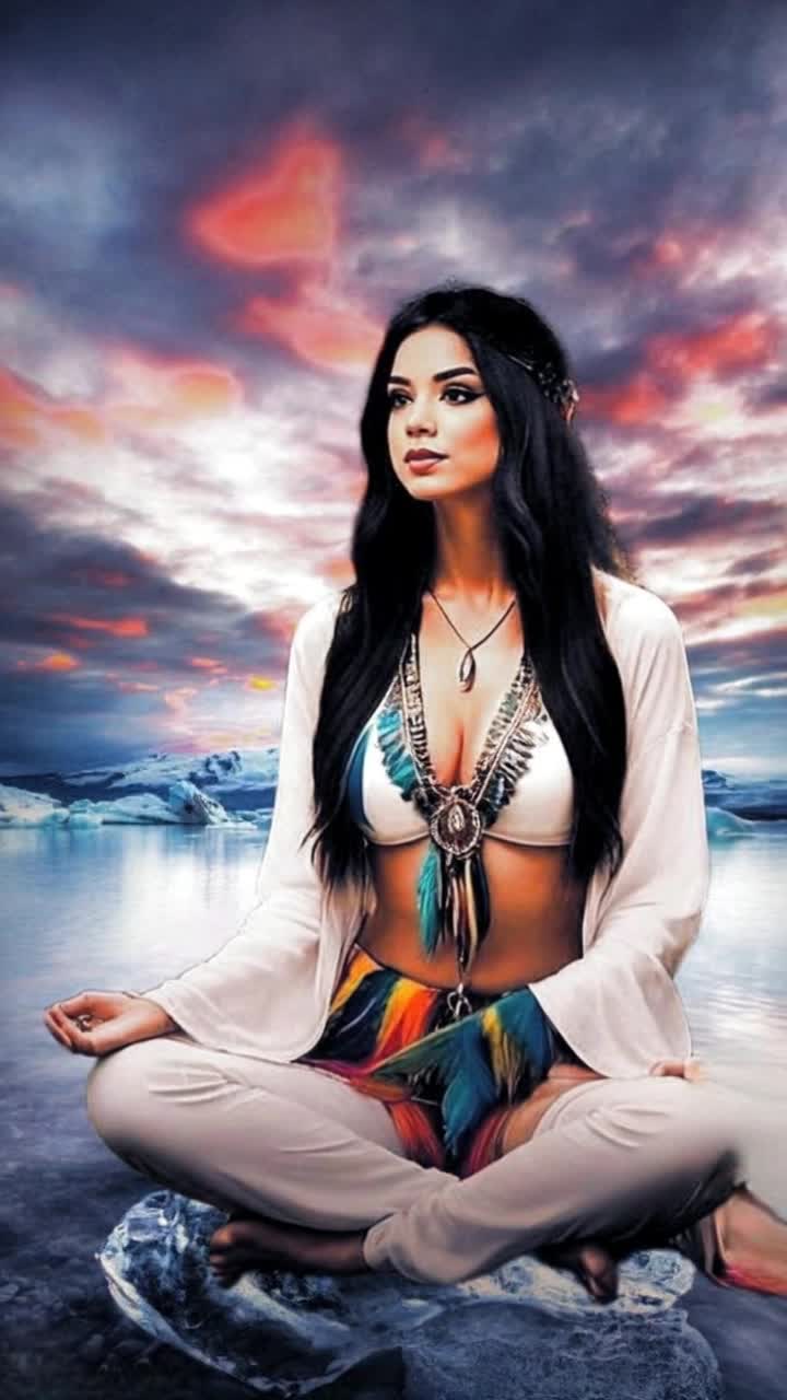 Graceful bohemian woman adorned in flowing fabrics and intricate jewelry twirls gracefully in midair surrounded by shimmering clouds and soft pastel skies dappled with golden sunlight illuminating her serene expression and vibrant colors of her attire as wisps of breeze playfully dance around her creating an enchanting ethereal atmosphere filled with dreamlike whimsy and tranquility