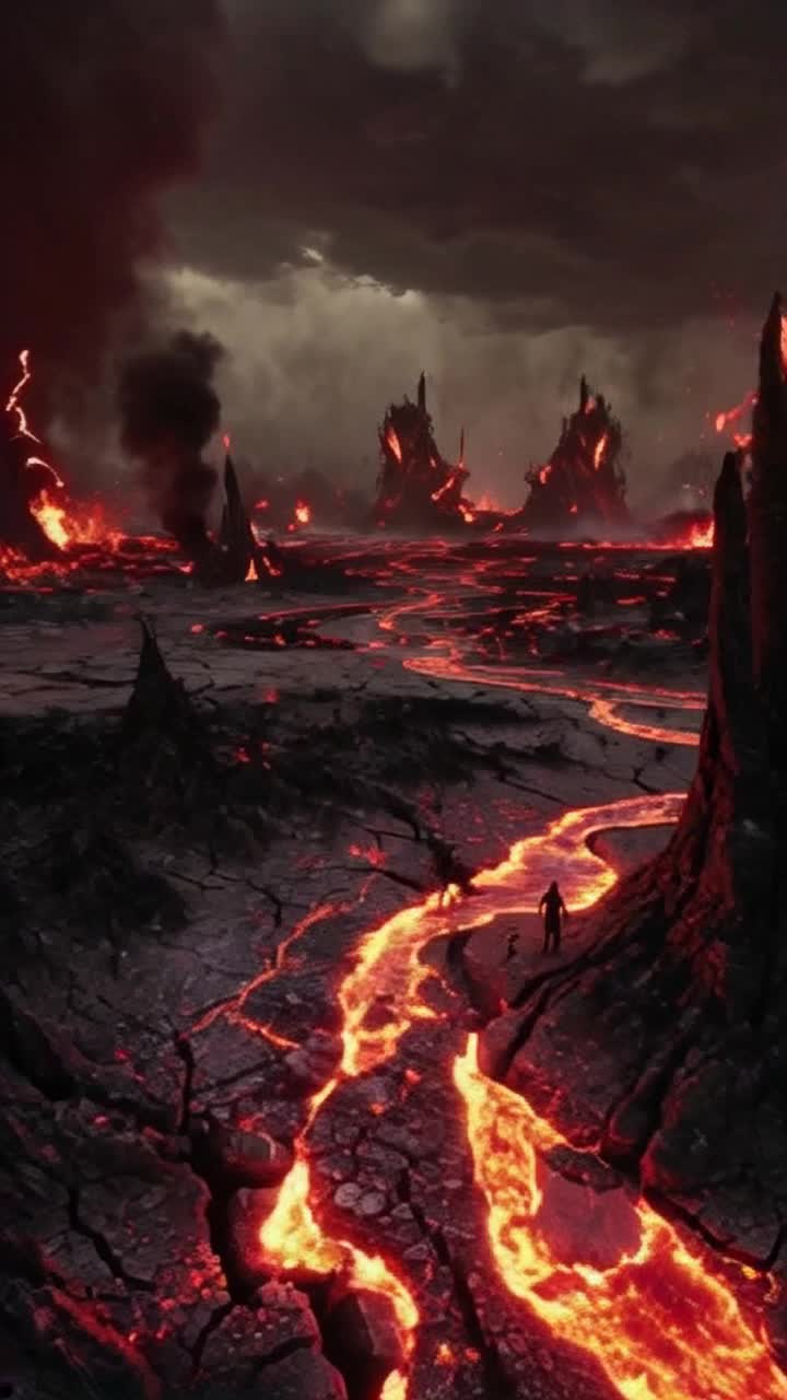 Fiery landscapes filled with molten rivers and crumbling cliffs swirling shadows of tormented souls rising from cracks in the ground manifesting chaos and despair wailing sounds echo across an oppressive sky Action intense battles unfold as dark figures clash against a backdrop of swirling ash and flickering flames Background towering infernal structures loom amidst billowing smoke illuminated by sporadic lightning illuminating the horrific beauty of this hellish realm