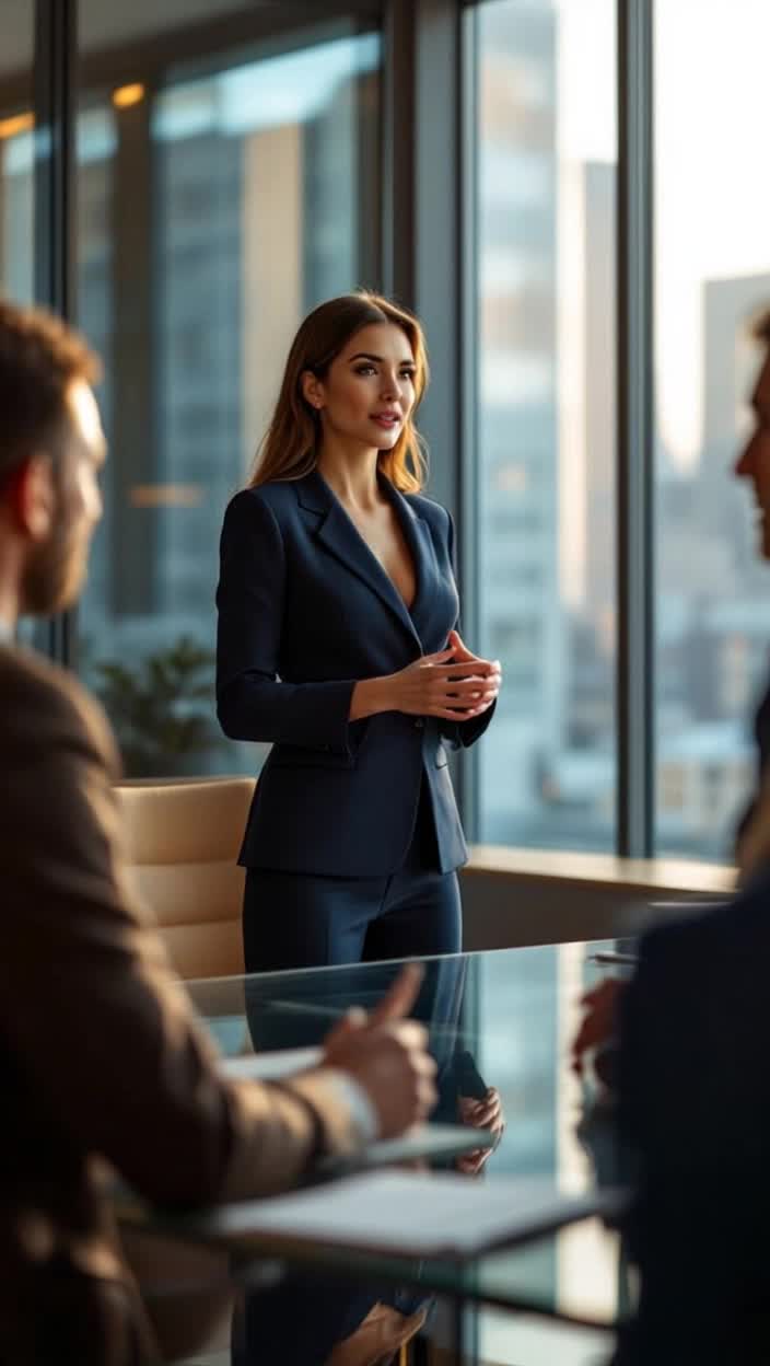 Elegant woman in a tailored suit radiating confidence standing at a sleek conference table delivering a compelling presentation surrounded by attentive colleagues in a modern office filled with glass walls and urban skyline views sunlight streaming through highlighting her poised demeanor