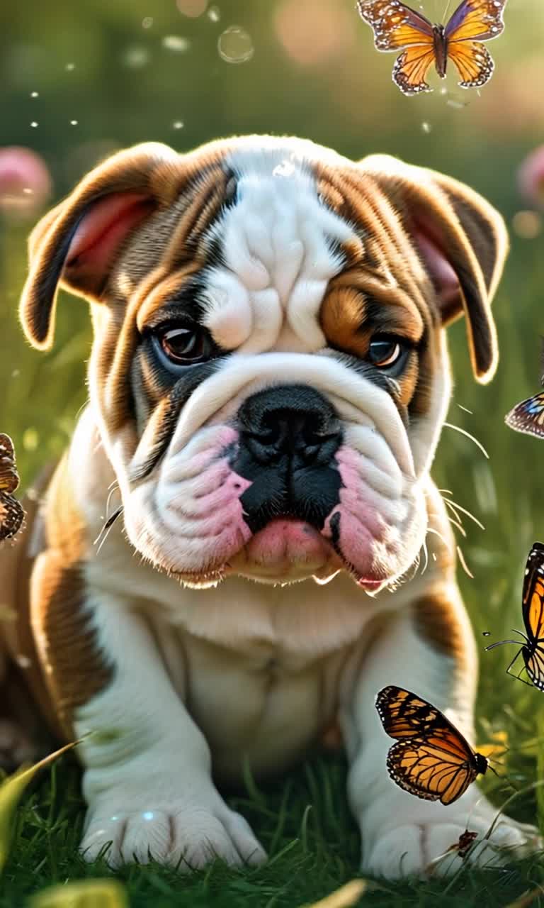 Adorable wrinkled English bulldog puppies snuggled together with playful antics showcasing their charming personalities soft squishy faces bouncing joyfully luscious green grass under a radiant sun sparkling dew on blades surrounding them gentle breeze rustling leaves in nearby trees inviting a whimsical atmosphere as butterflies flutter around in a kaleidoscope of colors adding a touch of magic to this delightful scene