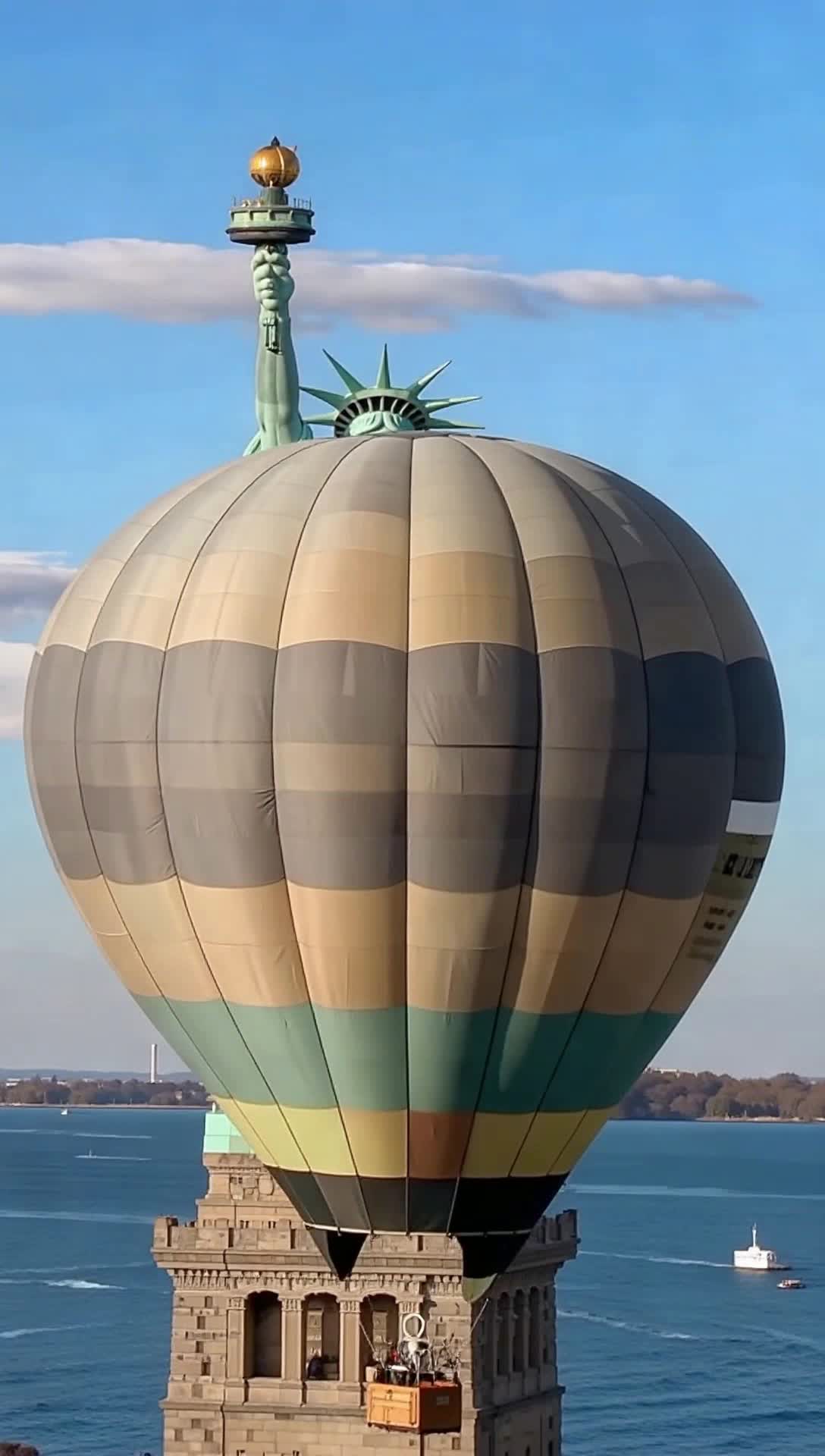 Hot air balloon floats over statue of liberty  