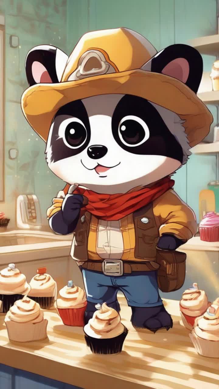 Anine style chubby little boy wearing a raccoon hat and cowboy outfit pats his cap gun in his side holster as he passes through a kitchen, past a box of cupcakes, he waves his other hand bye at the cupcakes,, he has willpower and does not need them Sun is shining in the kitchen window to gleem on the glowing fur of a golden panda standing near the box, shrugging as a rad panda glowers cutely in a dim corner, putting a paw out to await being handed a cupcake   The golden panda smiles