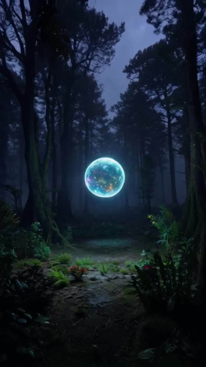 Mysterious glowing orb floating in midair Pulsing with vibrant colors emitting soft light Enigmatic forest clearing shrouded in mist vibrant flora surrounding ancient trees towering above