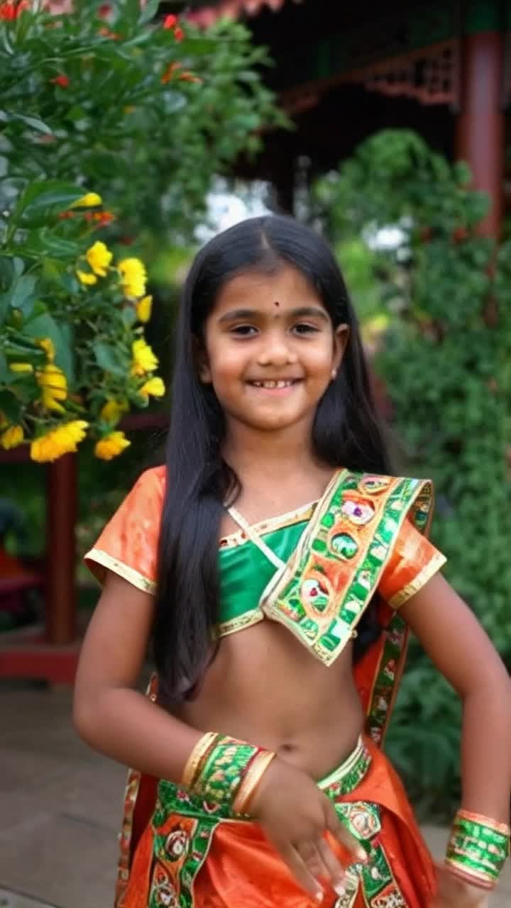 foreign girl wearing Indian costume dancing in the garden