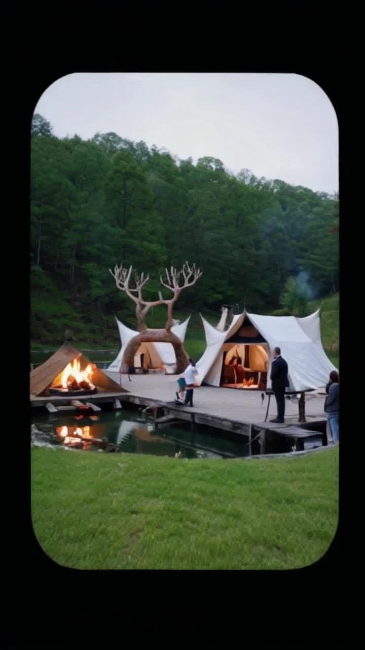 A Black family enjoys the well appointed and luxurious glamping campsite overlooking the lake with its private catered fishing pier, and holographic deer blind, as a uniformed chef makes smores on the campfire, and the concierge inspects the tented living quarters, octane render, fisheye lens, bokeh 