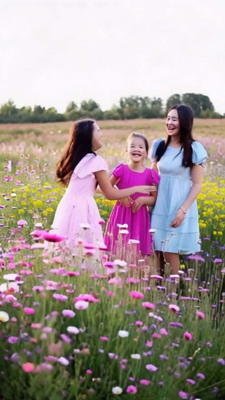 Diverse group of girls laughing joyously illuminated by golden sunlight twirling in colorful dresses playfully dancing amidst a field of wildflowers vibrant with hues of pink yellow and lavender gentle breezes rustling petals creating a whimsical atmosphere filled with giggles sparkling in the air joyfully celebrating friendship in a picturesque meadow blooming under a clear blue sky