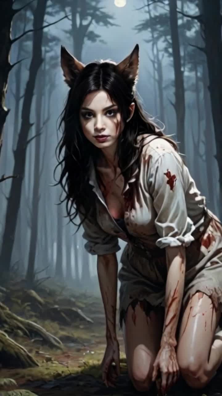 Beautiful werewolf woman in the woods 