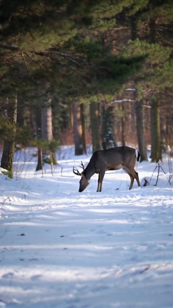 Big buck whitetaildeer walking in the snowy maine woods the buck wonders stopping to feed then eventually leaves the frame as a athletic man wearing a johnson green and black plaid jacket shirt enters the frame and follows the big bucks track until he eventually leaves the frame this man is carrying a rifle have tye scene be peaceful with birds chirping and some wind in the background 