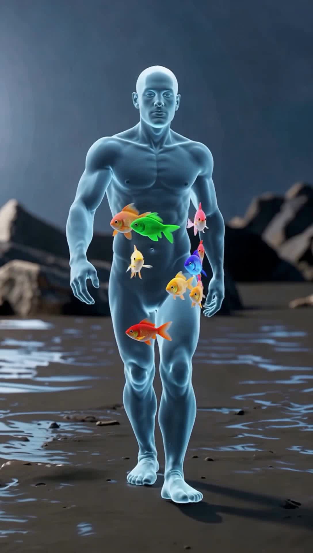 A walking man completely made of blue water with his belly full of multicolored goldfish