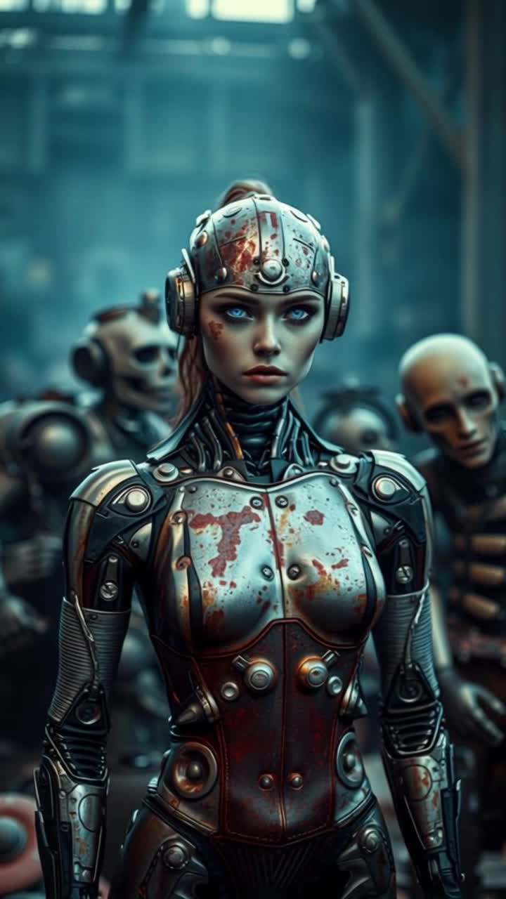 Extreme dancing cyborg, rockets red glare as she bursts in the air, action panoramic gravity defying sport of movement