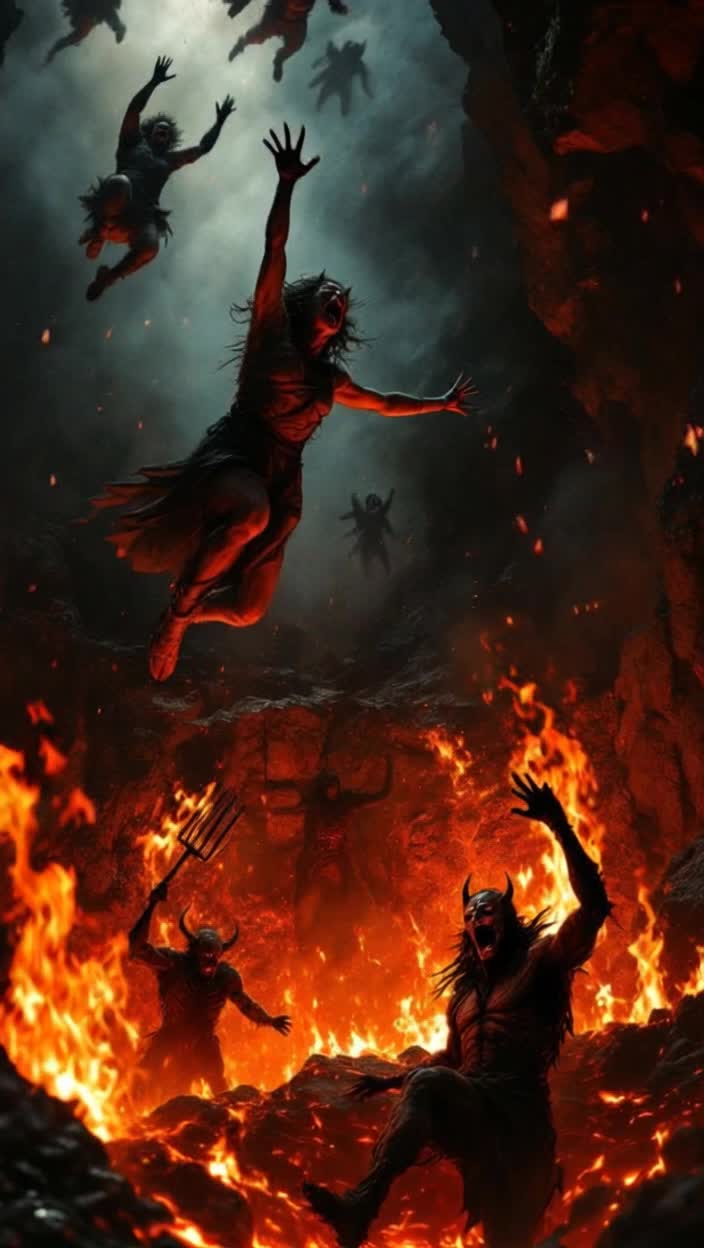 People falling into the fiery pits of hell, demons with pitchforks cheering
