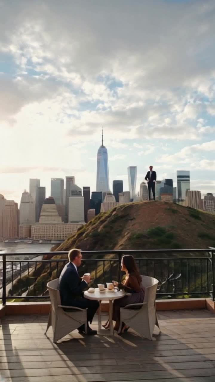Chic urban couple savoring steaming coffee mugs on sleek patio furniture overlooking vibrant Manhattan skyline Enormous wellgroomed hill giant effortlessly peers down at couple from towering heights, engaging in whimsical conversation Golden sunrise casts warm light over glistening glass skyscrapers while bustling city awakens below, creating a surreal contrast between cozy morning ritual and fantastical presence