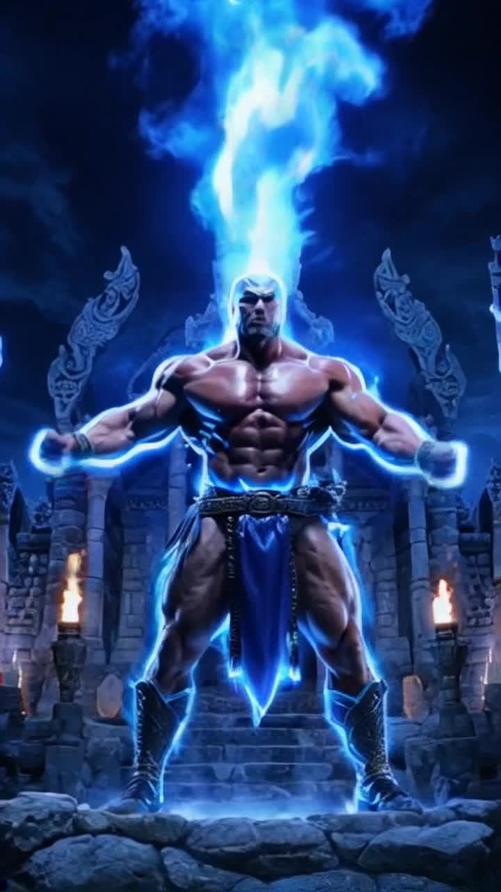 Muscular warrior radiating with atomic blue energy glowing with intensity flexes effortlessly embodying power and strength under electric blue gel lighting illuminating his form dynamic transformation into protector of all creation mystical aura surrounding him vibrant energy pulsating in the air creating a striking visual contrast shadows dancing across ancient temple ruins ornate flickering torches illuminating sacred symbols carved into stone walls echoing distant whispers of wisdom