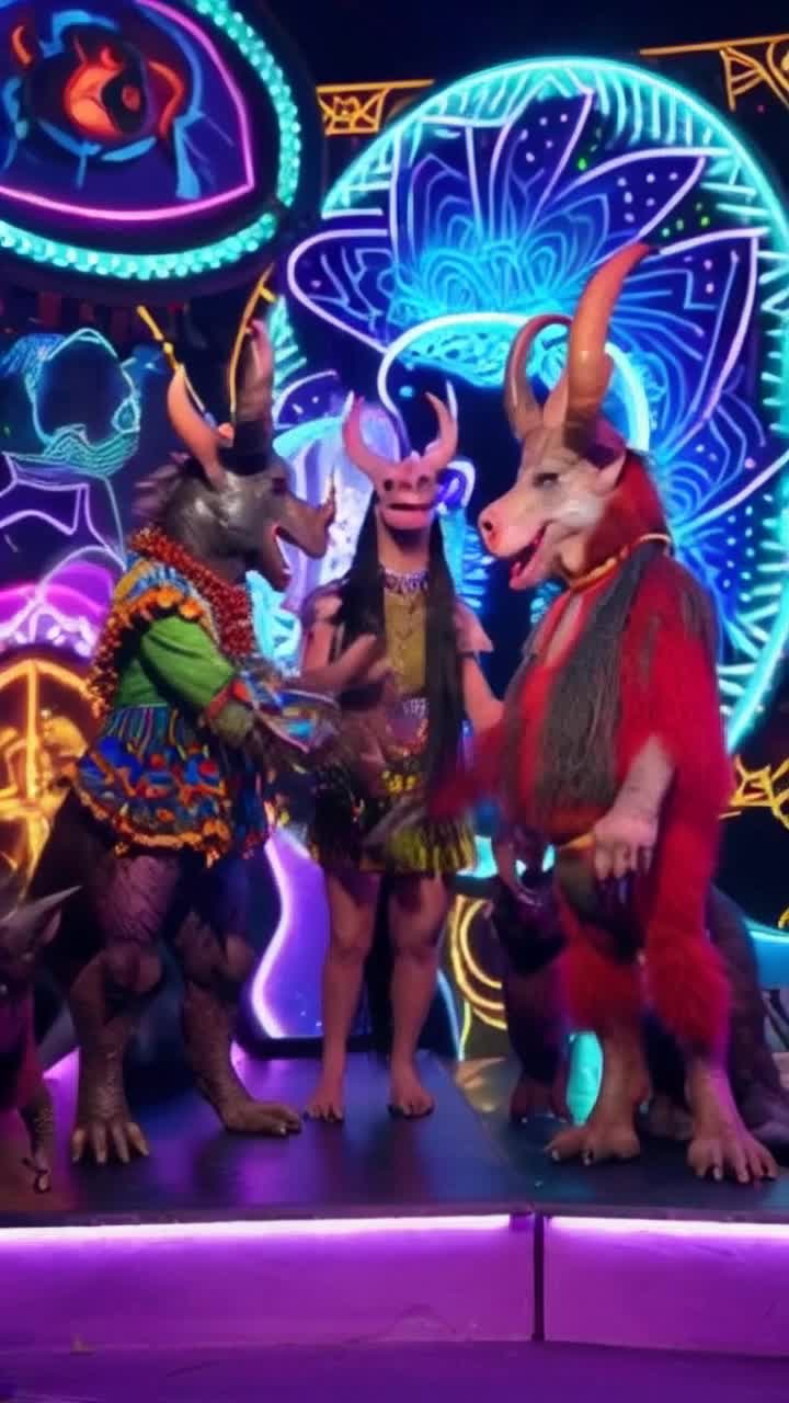 Grotesque creatures with drooping snouts twisted horns long tails adorned in vibrant mod 1960s attire collide in chaotic banter and laughter amidst zany psychedelic game show atmosphere Colorful oversized squares flash neon lights from a backdrop overflowing with psychedelic patterns rich in vibrant hues echoing vintage television sets Ridiculous challenges unfold as these bizarre contestants drool squabble and engage in comical displays of charm and horror capturing the absurdity of this parody